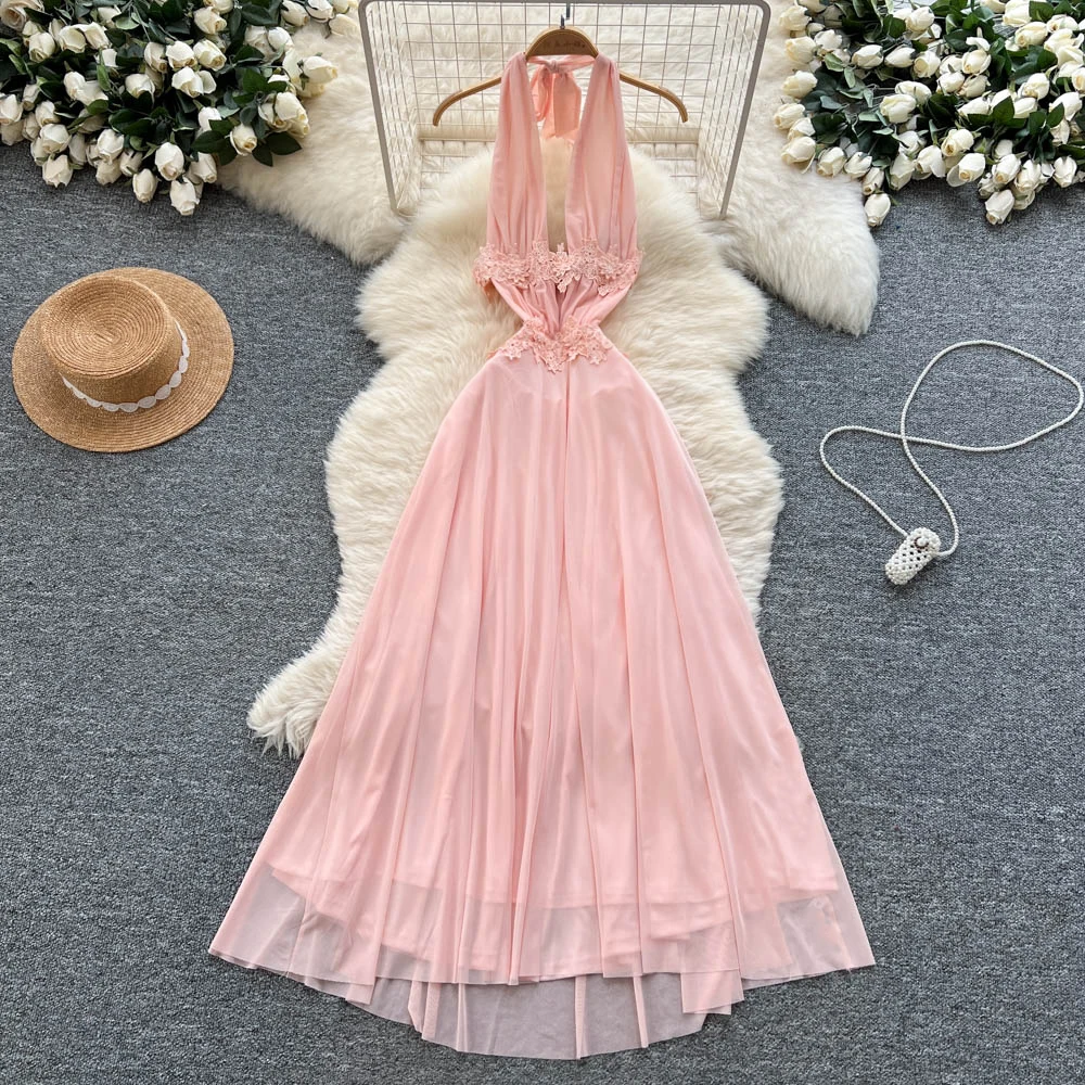 Chic vintage backless V-neck mesh sleeveless Elegant Fairy korean fashion Boho Sundress women clothing dress