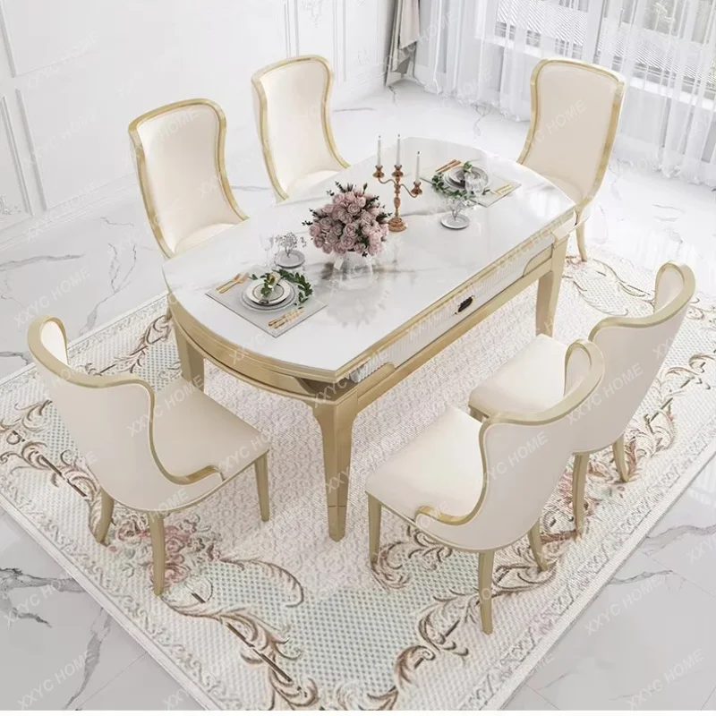 XX light luxury rock slab dining table square and round dual-purpose retractable folding solid wood