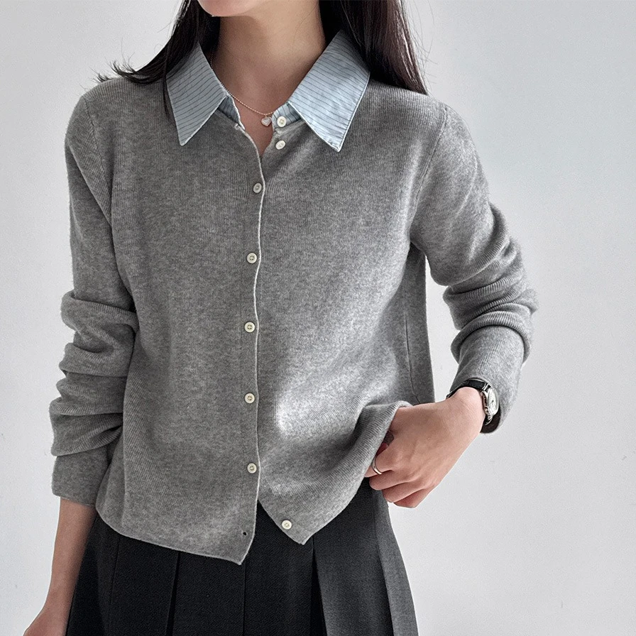 

Women Knitted Cardigan Sweaters Spliced Jumpers Layered Turn Down Collar Long Sleeves Single Breasted Loose Casual 2026 Spring