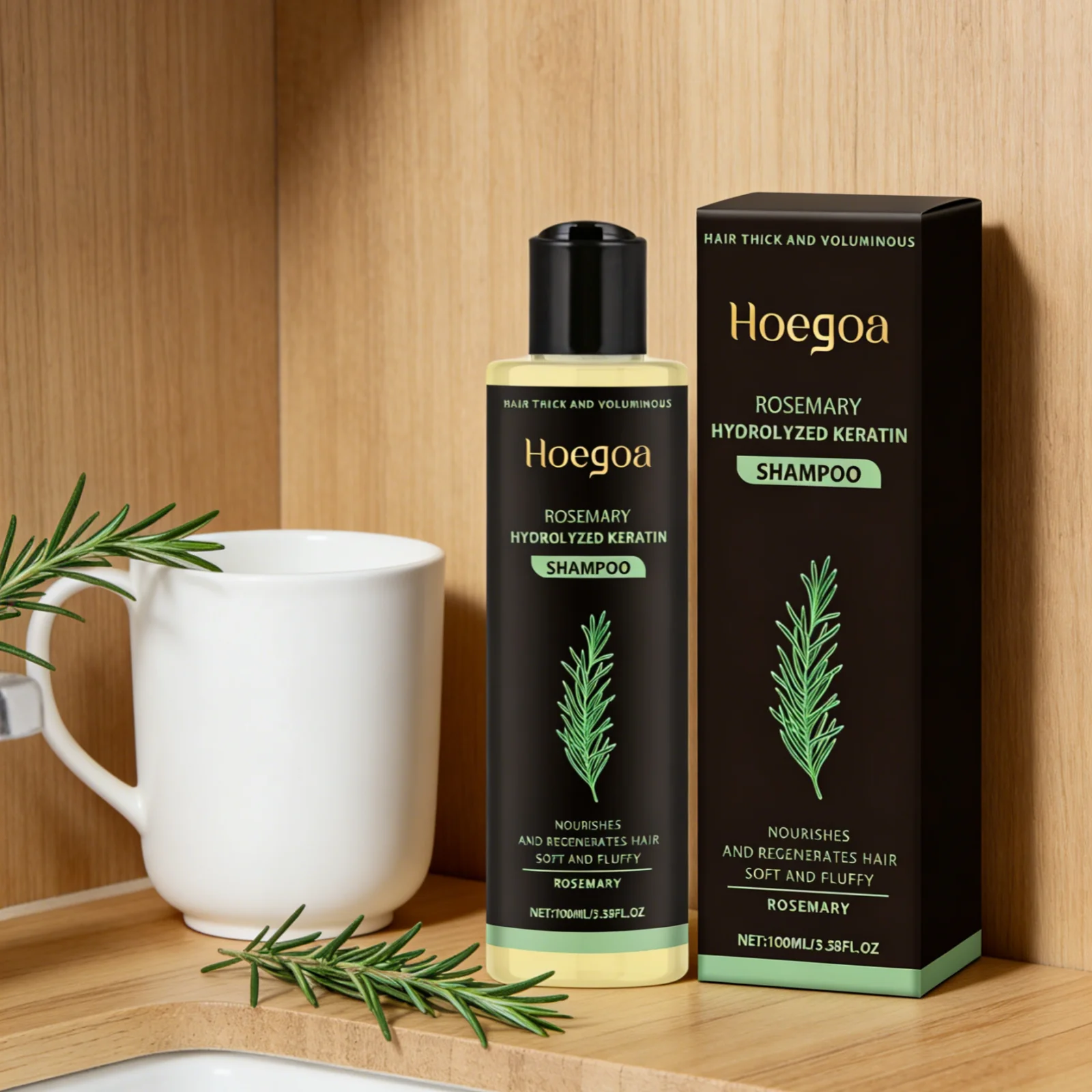 Hoegoa Rosemary Hydrolyzed Keratin Shampoo Powerful Cleaning Anti Frizz Natural Ingredients Repairing Hair Thickening Shampoo