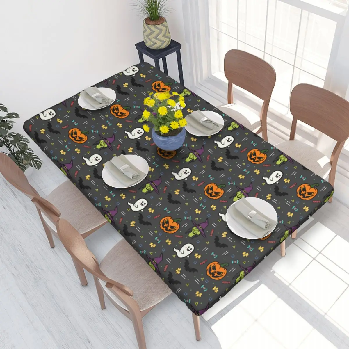 Custom Rectangular Waterproof Oil-Proof Bat Witch Fantasy Halloween Holiday Pattern Tablecloth Table Cover 4FT Fit Table Cloth