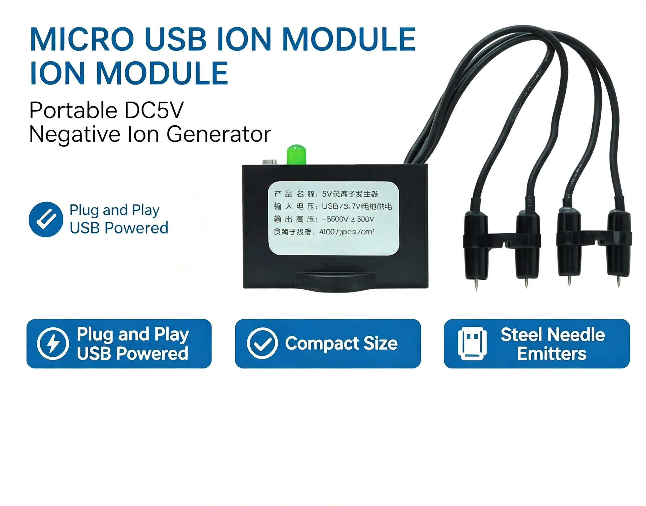 1PCS Negative Ion Generator Usb DC5V MicroUSB Negative Ion Small Particle Size Plasma Module Air Purifier