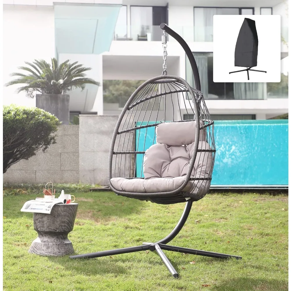 

Indoor Outdoor Egg Swing Chair with Stand, Patio Grey Wicker Rattan Hanging Chair with Rope Back, Cushion,Cover