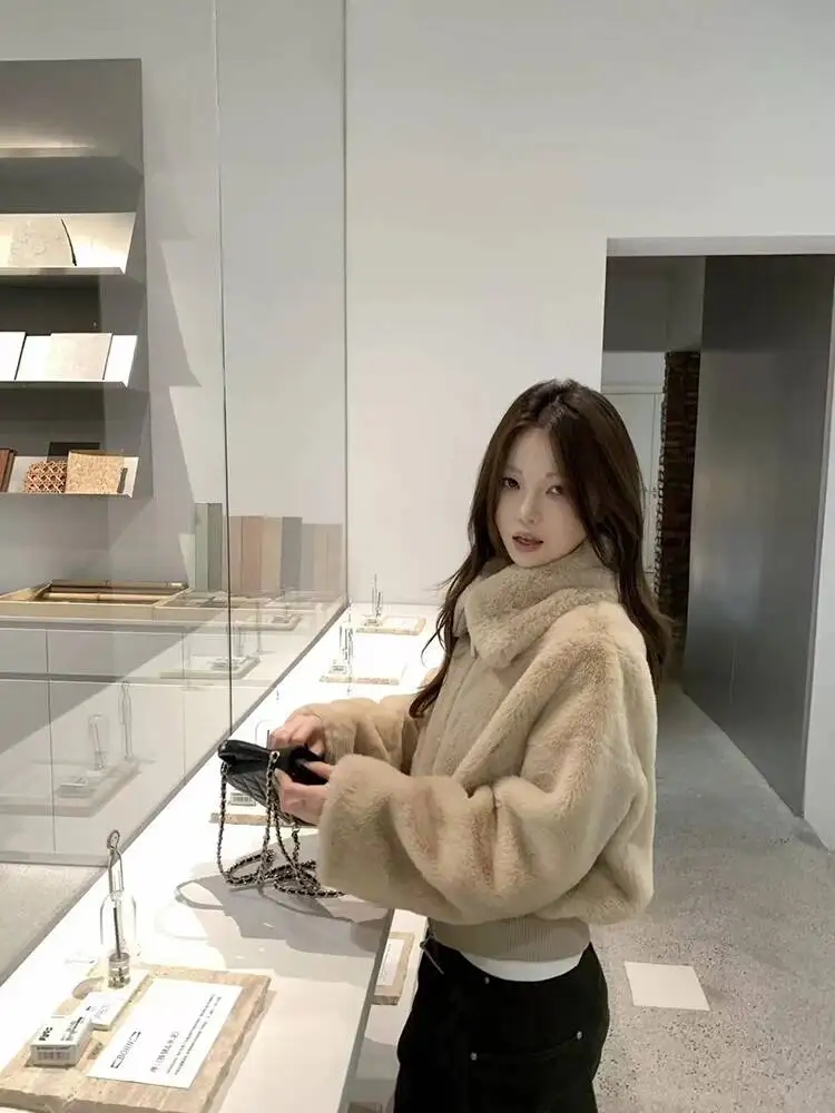 Faux Lamb Coats For Women Winter Loose  Thick Warm Crop Jacket Korean Hairy Lapel All Match Fur Outerwear New