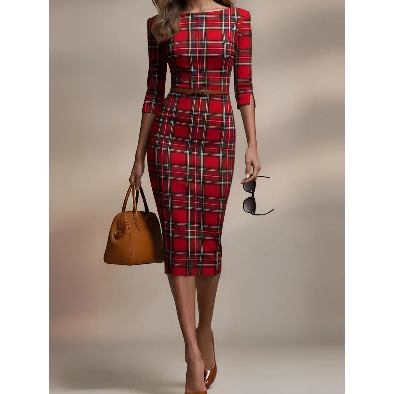 T Sigur Weihnachten Plaid Damen Kleid 2025, neue Vintage, figurbetont, O-Ausschnitt, halbe Ärmel, elegante Abendparty-Kleider mit Gürtel 195438