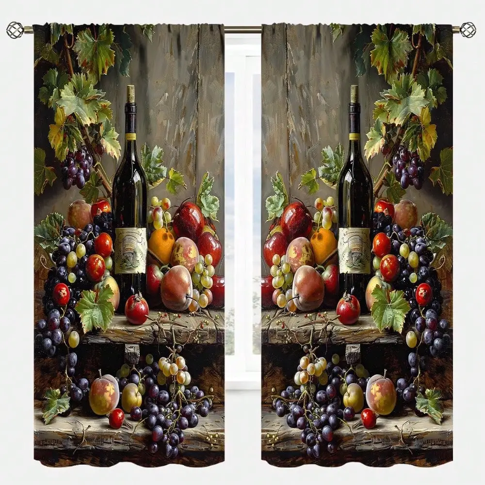Vintage Wine Bottle Curtains, Fruit Harvest Still Life Drapes, Rustic Kitchen Window Treatment, Blackout Fabric Home Decor