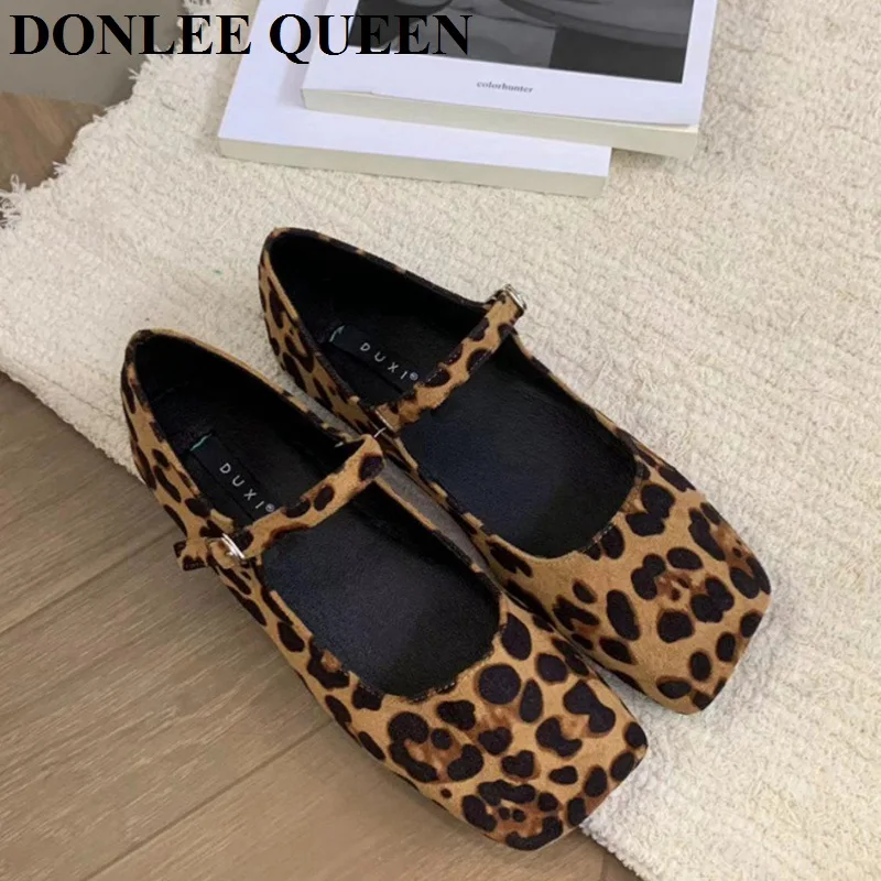 2024 Fashion Leopard Print Flats Ballet Shoes Women Slip On Loafer Square Toe Shallow Mary Janes Ballerina Soft Moccasin Zapatos