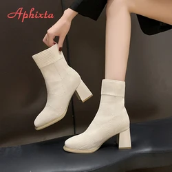 Aphixta Solid Color Sexy Women Ankle Boot 7cm High Heels Modern Sock Boots Shoes Woman Boats botines para mujeres Big Size 42