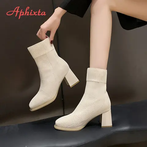 Aphixta 솔리드 컬러 섹시한 여성용 앵클 부츠, 7cm 하이힐, 모던 양말 부츠, 여성 보트 부츠, 빅 사이즈 42