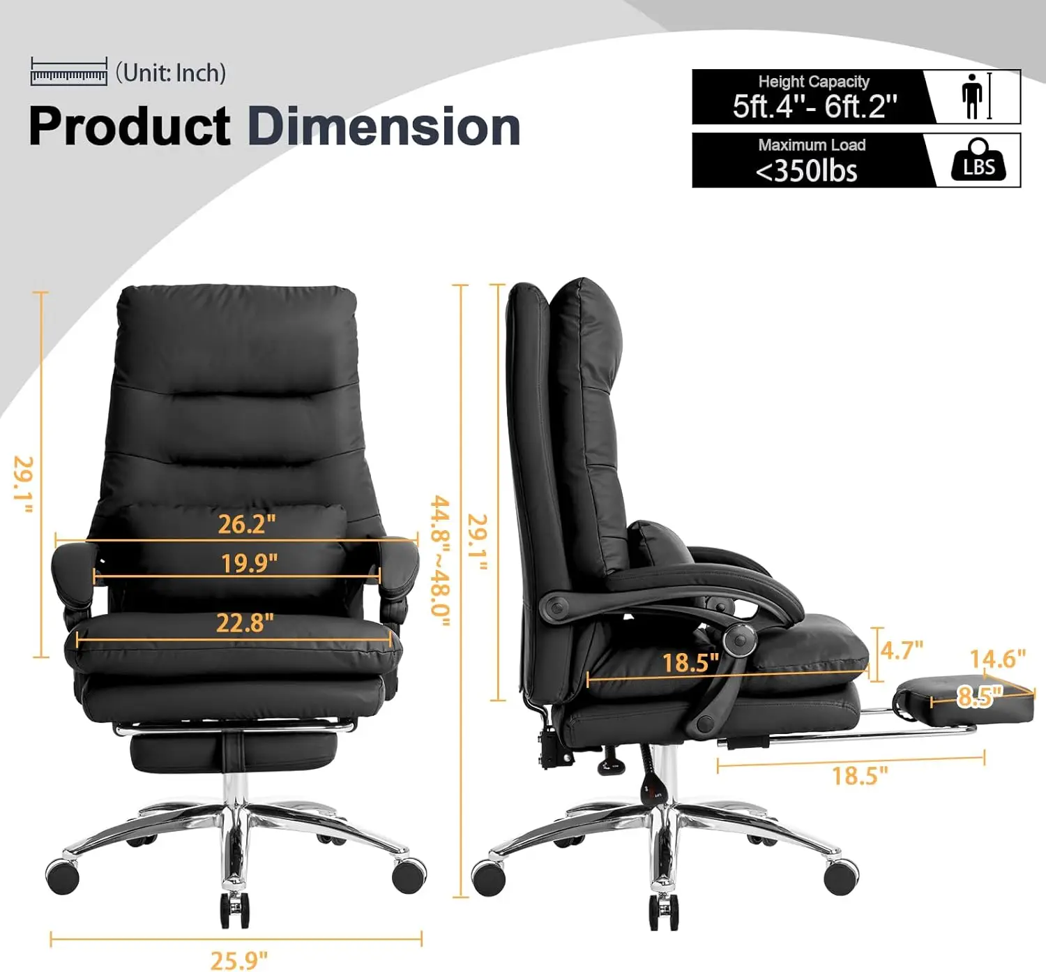 Office Chair With Foot Rest - High Back Executive Chair With Padded Linkage Armrests, Reclining Desk Chair With Wheels, Comfy