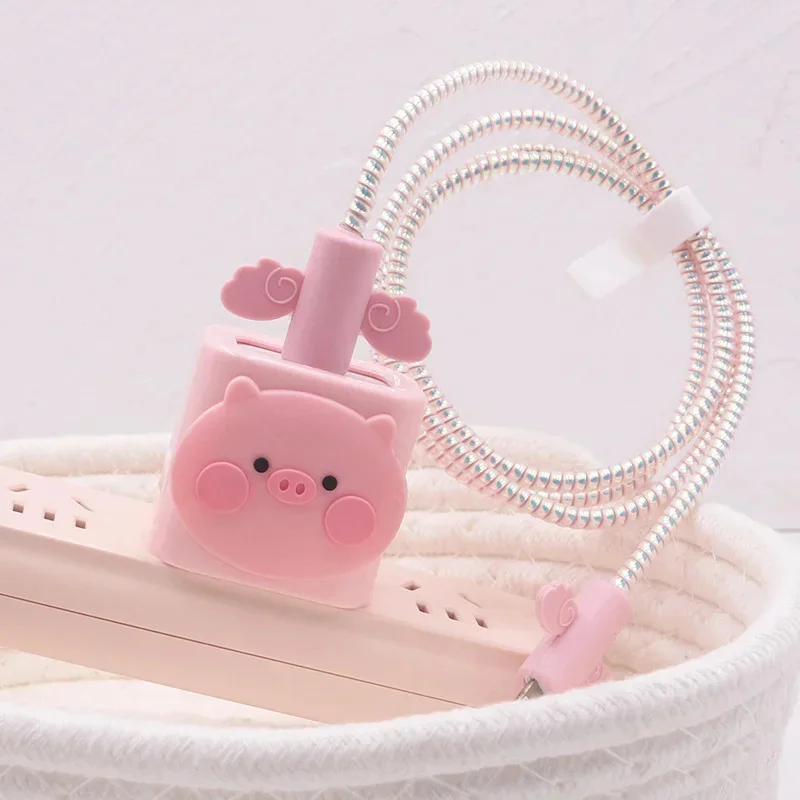 Korea Cute Pink 3D Pig + Pig Storage Bag Charger Cover For IPhone 11 12 13 14 15 18W-20W Charge Correa Protection Cover Sleeve