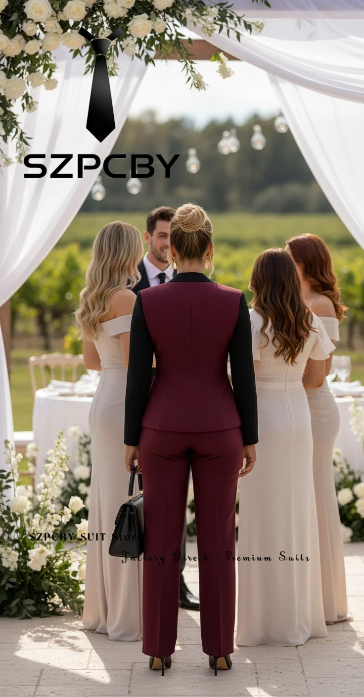Slim Fit Women's Suits Burgundy One Button Long Sleeve Patchwork Blazer Jacket Pants Fashion V Neck 2 Piece Formal Outfits