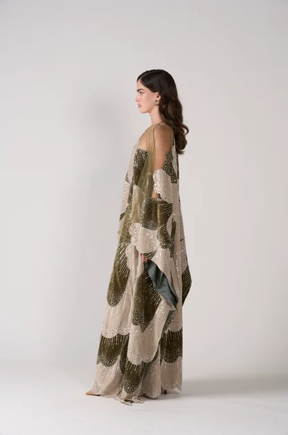 Sharon Said Luxuriöses Grünes Übergroßes Kaftan-Abendkleid mit Weiten Ärmeln, Blumenmuster und Perlen, Grünes Formelles Partykleid SS669 Maßanfertigung – Detail 5