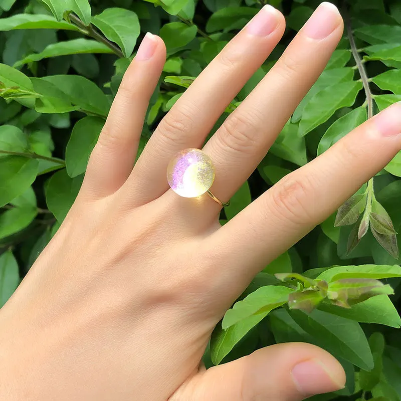 Anillo de dedo de Metal ajustable con apertura redonda para mujer, bola geométrica, brillo de cielo estrellado transparente, arcoíris, joyería de