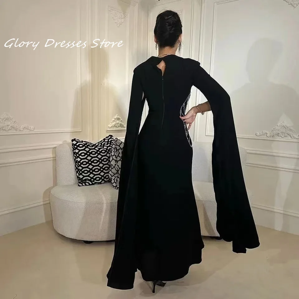 Black Crystals Prom Dresses Ankle Length Evening Dresses Beadings Long Sleeves O-Neck Arabia Zipper Formal Women Party Dresses