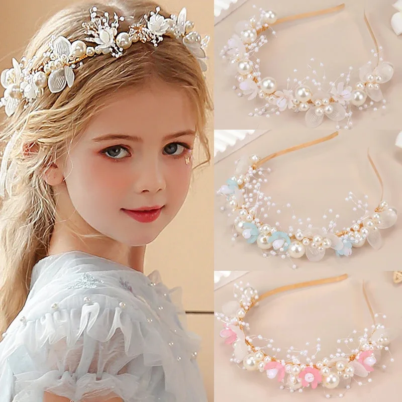 

Fairy Wreath Hair Hoops for Girl Forest Style Pearl Flower Headwear Princess Kids Performance Hair Accessory Hairband