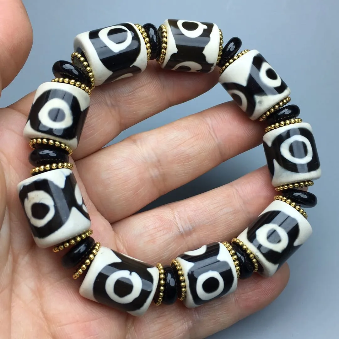 チベット古物三眼天珠ビーズブレスレット黒白瑪瑙カルセドニー-ジュエリー