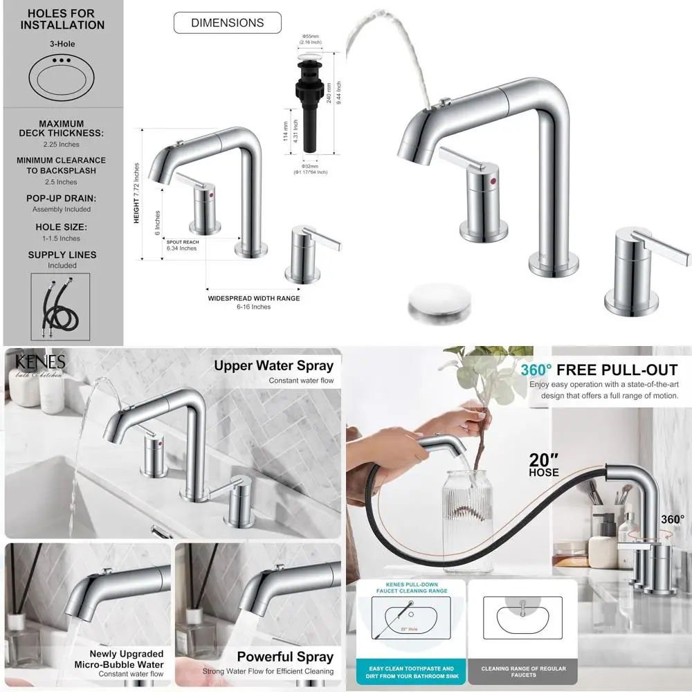 

8 Chrome Widespread 2-Handle Bathroom Faucet with Pull-Out Sprayer, Pop-Up Drain, and Supply Lines