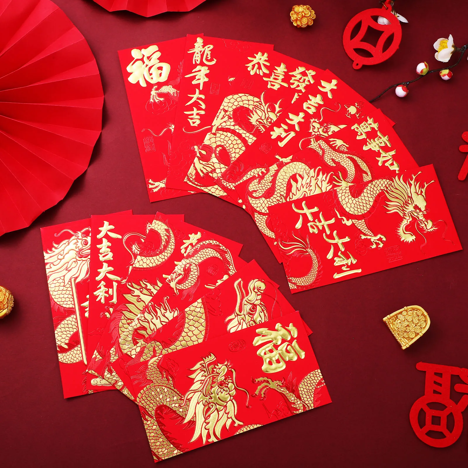 

36 Pcs 2024 Red Envelopes Golden Embossed Zodiac Pattern Traditional Red Pockets New Year Gift