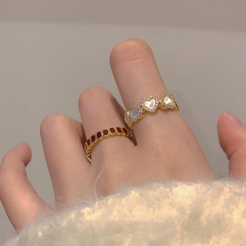 Girl\'s Sweet Imitation Shell White Heart Shaped Micro Set Zircon Open Ring 2024 Party For Women\'s Fashion Jewelry Accessories