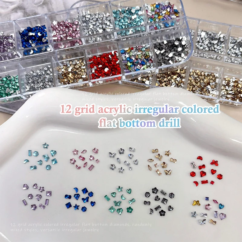 Neue 12-Fächer-Mix 3D Flache Nagelsteine Mini Kristalldiamanten für Nagelkunst Glitzer Charm Deko DIY Maniküre Zubehör