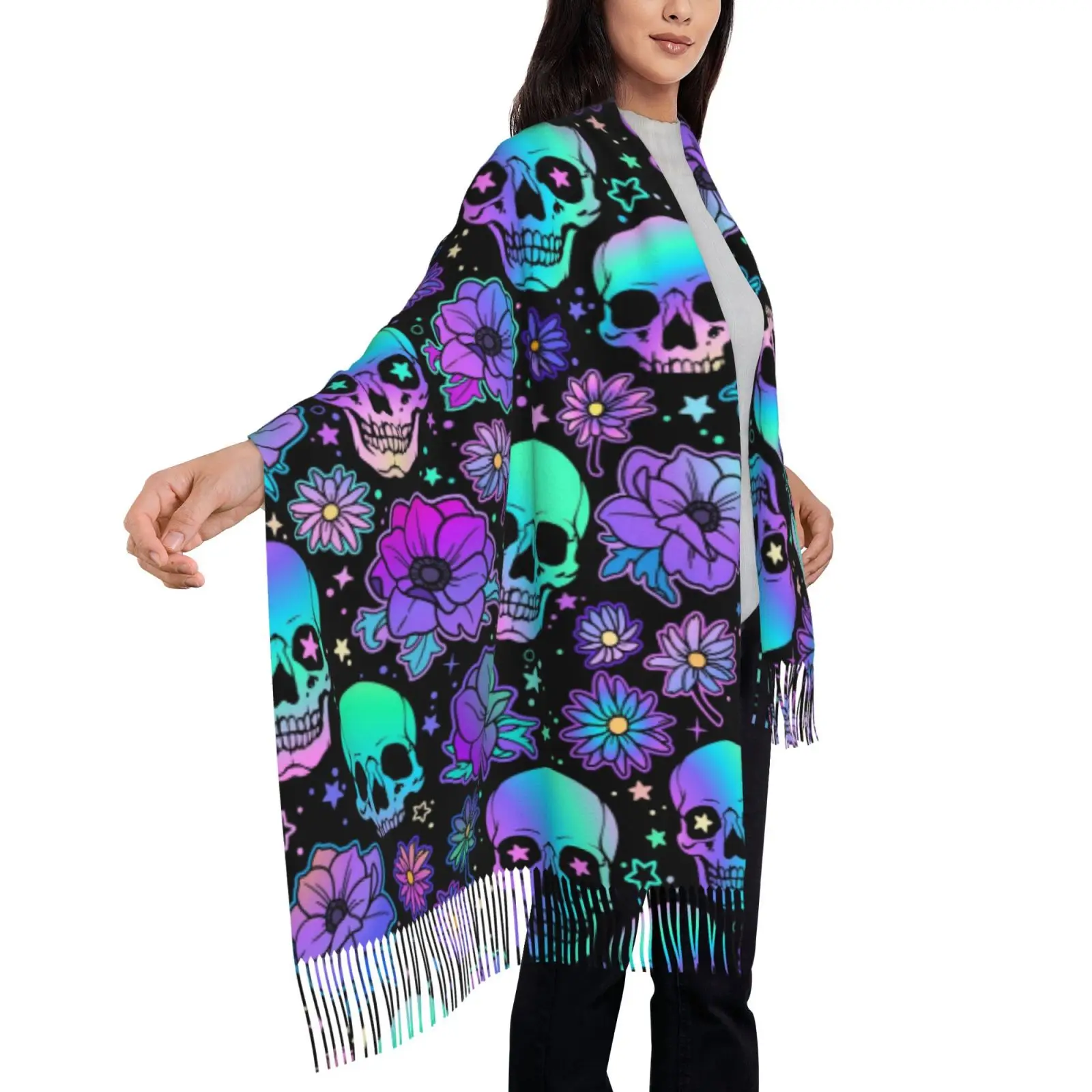 Colorful Gradient Skull Floral Print Tassel Scarf for Women, Soft Thick Winter Warm Shawl Wrap, Halloween Gothic Outerwear