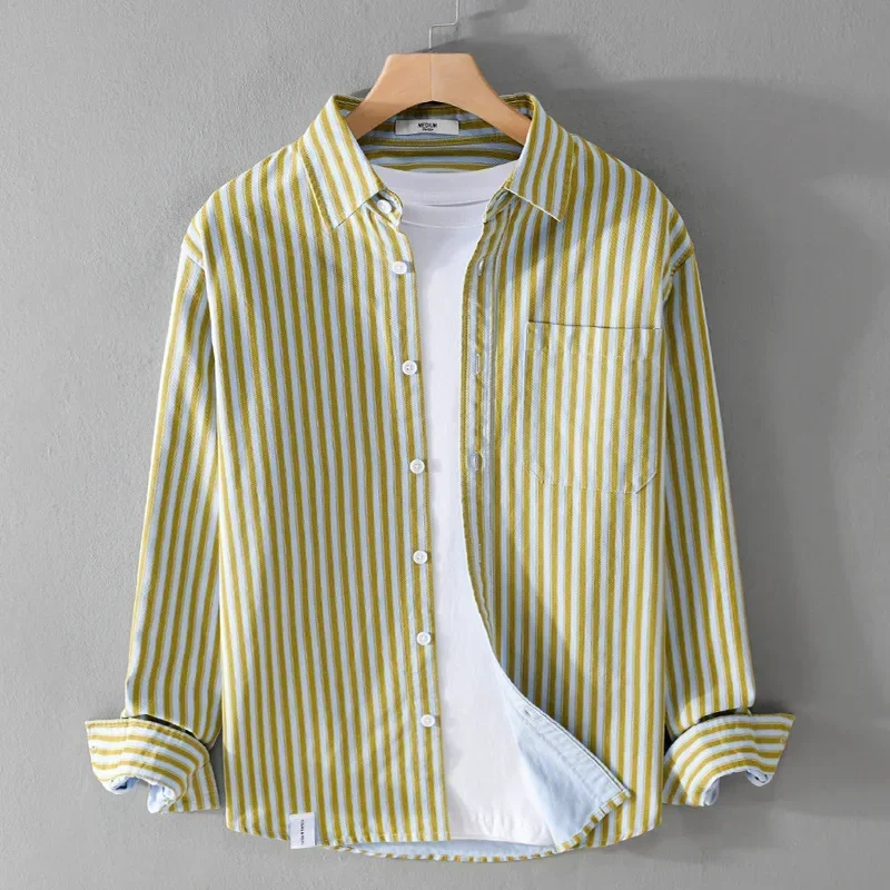Spring Fall Mens Striped Long Sleeve Shirt Daily Casual Shirts Lapel 100%Cotton Button Up Shirt Men Youth Korean Popular Clothes