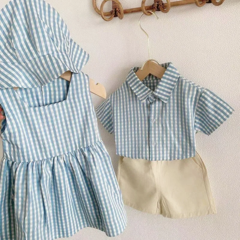 

Striped Dress Summer Boys and Girls Baby Shirt Pants Suit Western Style Fashion Dragon and Phoenix Tire Siblings Costume