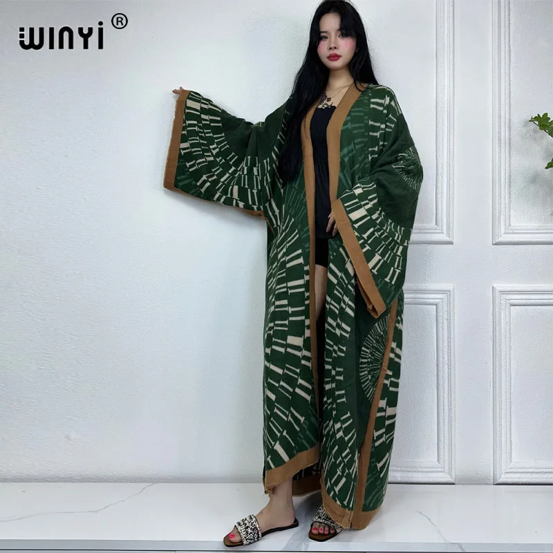 WINYI kimono winter dress for women Africa print Luxury Fur OverCoat Thick Warm coat fashion cardigan Middle East winter abaya