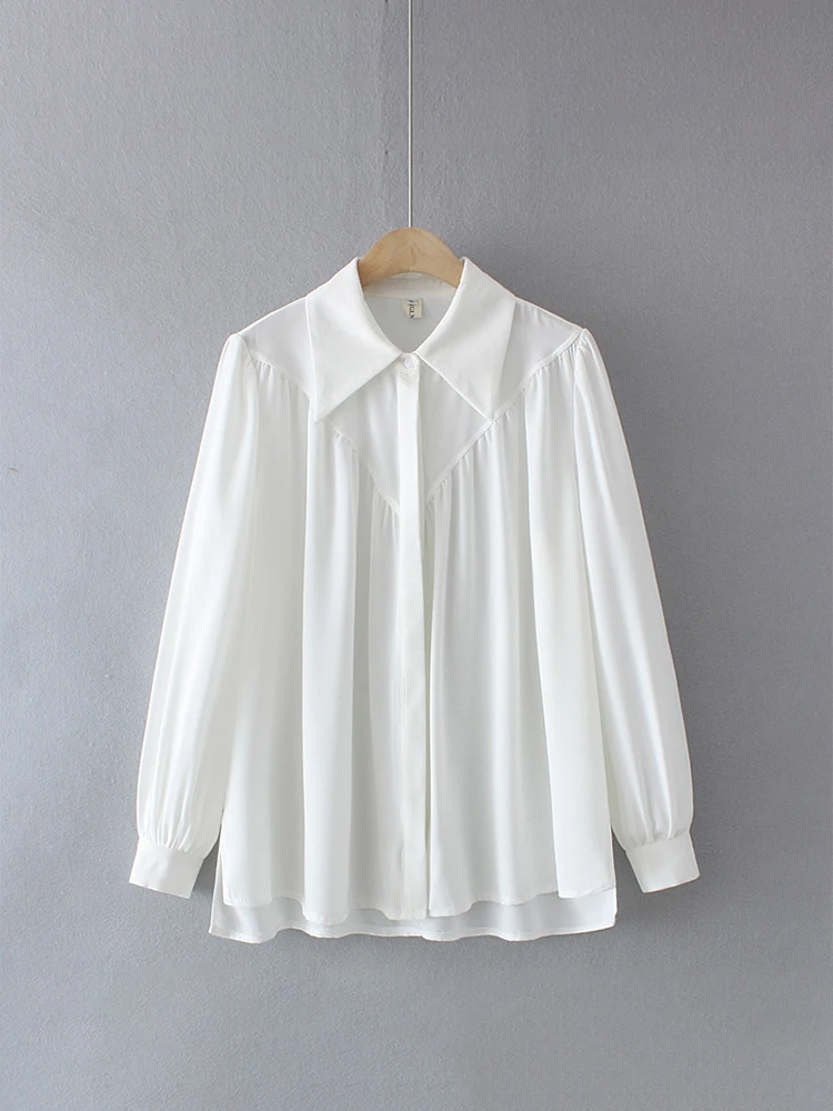 2022 Fall Women Solid Chiffon Blouse Vintage Turn-Down Collar Lantern Sleeve Loose Shirt Elegant Office Wear Casual Basic Tops