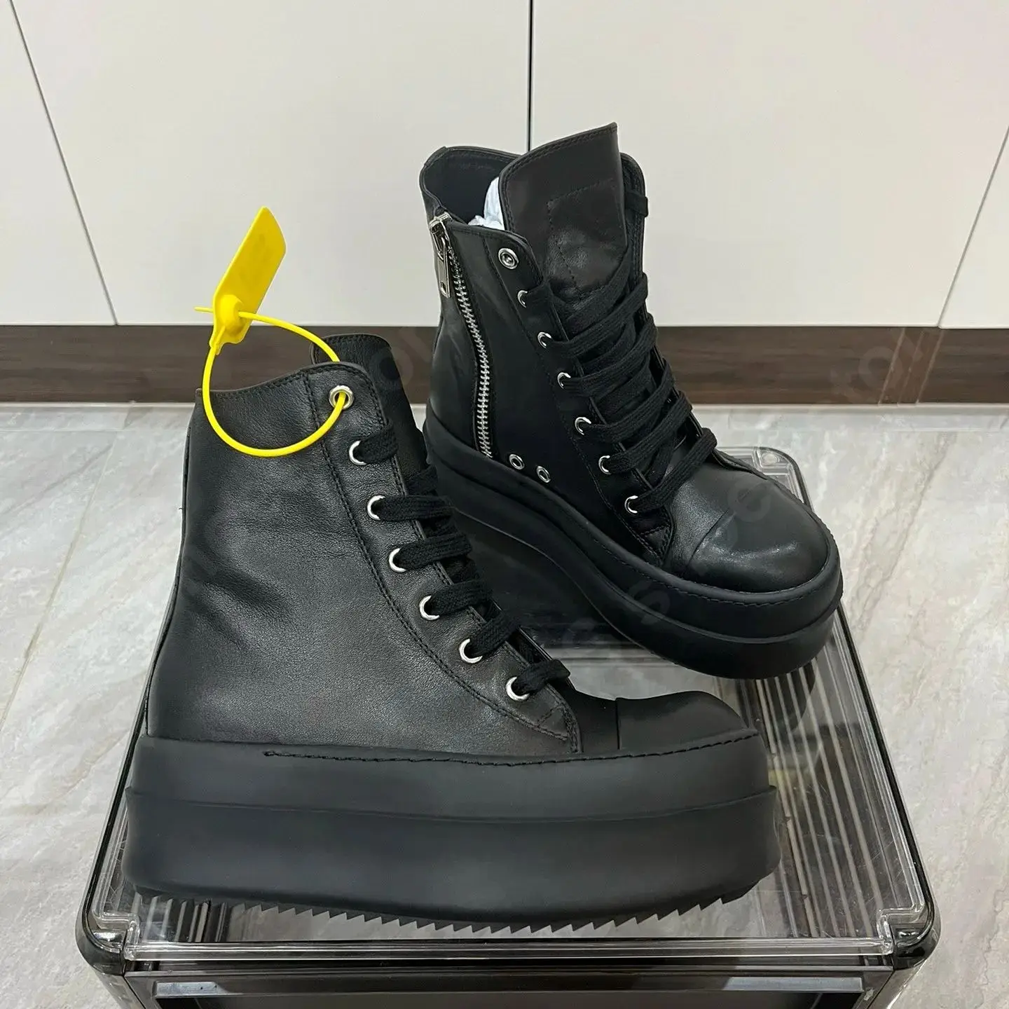 Ricks Men Shoe Full Black Leather High Top Shoes Women Sneaker Casual Owens Boot Laces ZIP 6cm Thick Sole Shoe Height Increasing