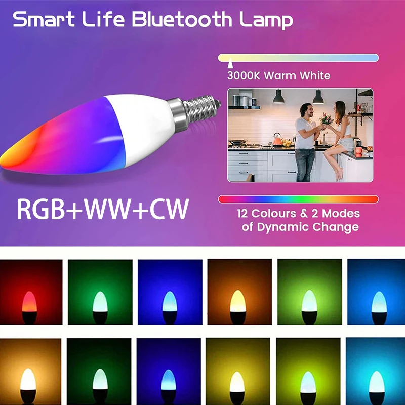 Led Bulb Candle Smart Lamp E14 TUYA Bluetooth Dimmable RGB Light 220V APP Group Control Smart Life For Home Room Decoration