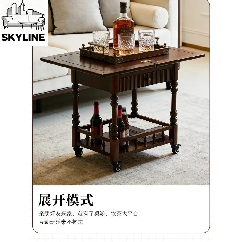 Solid Wood Wheeled Mobile Deformable Trolley Side Table, Storage Rack Sofa Side Cabinet Coffee Table for Living Room