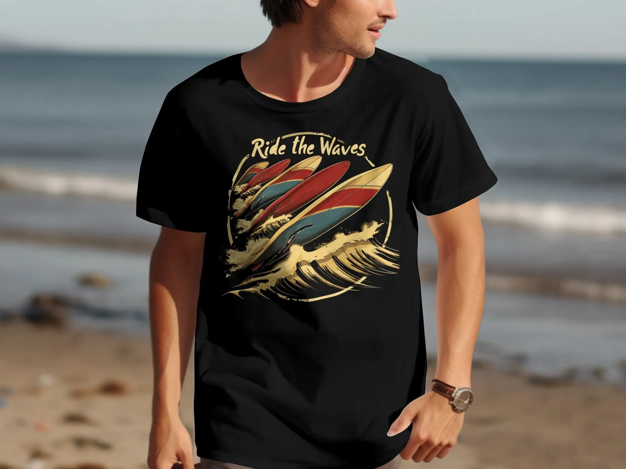 Ride The Waves Surfboard T Shirt Vintage Surf Summer Beach Surfing Ocean Retro Art Cool