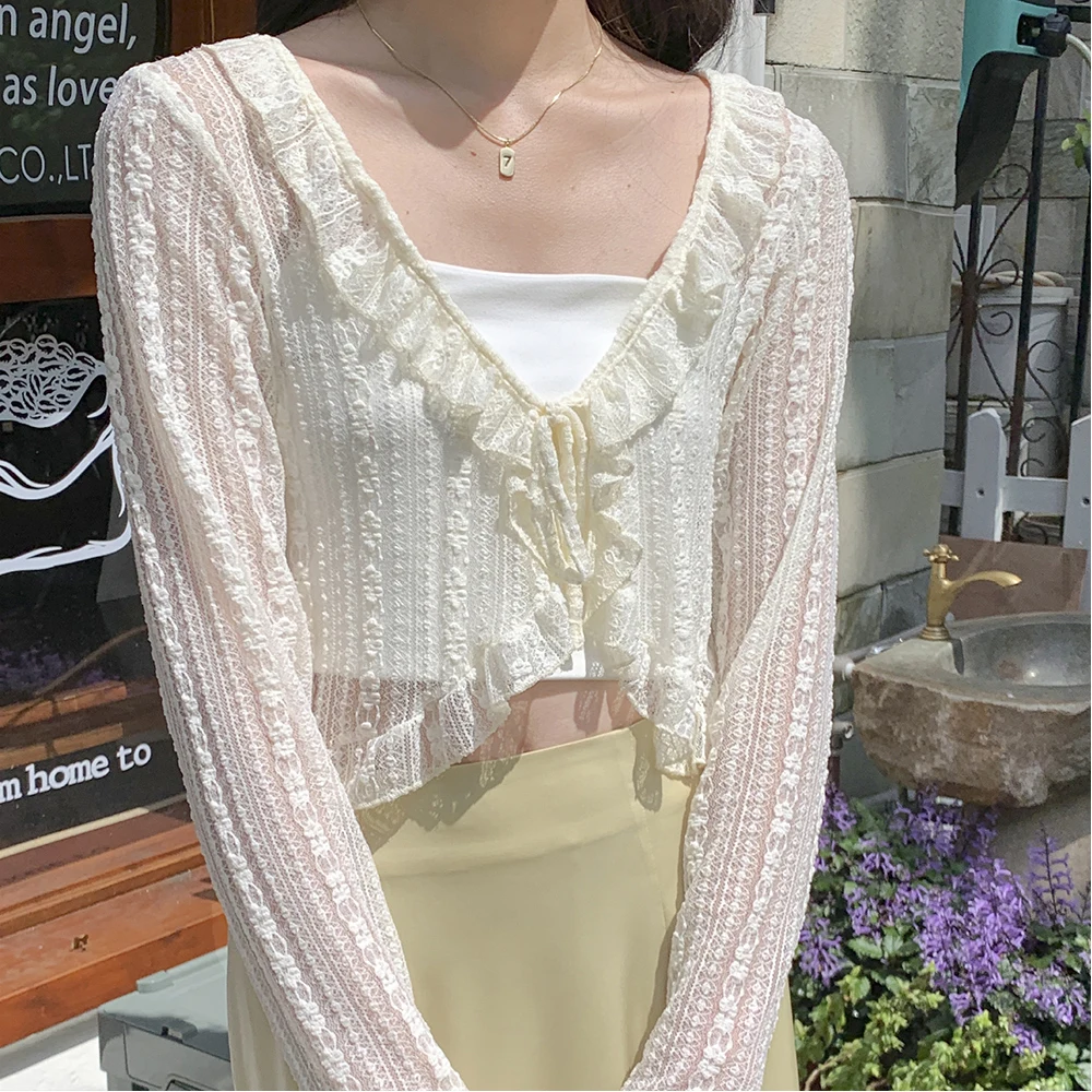 Vintage White Tie Up Summer Cardigan Women Sexy Long Sleeve Sheer Mesh Crop Tops Woman Chic Short Printed Tops All Match Mujer