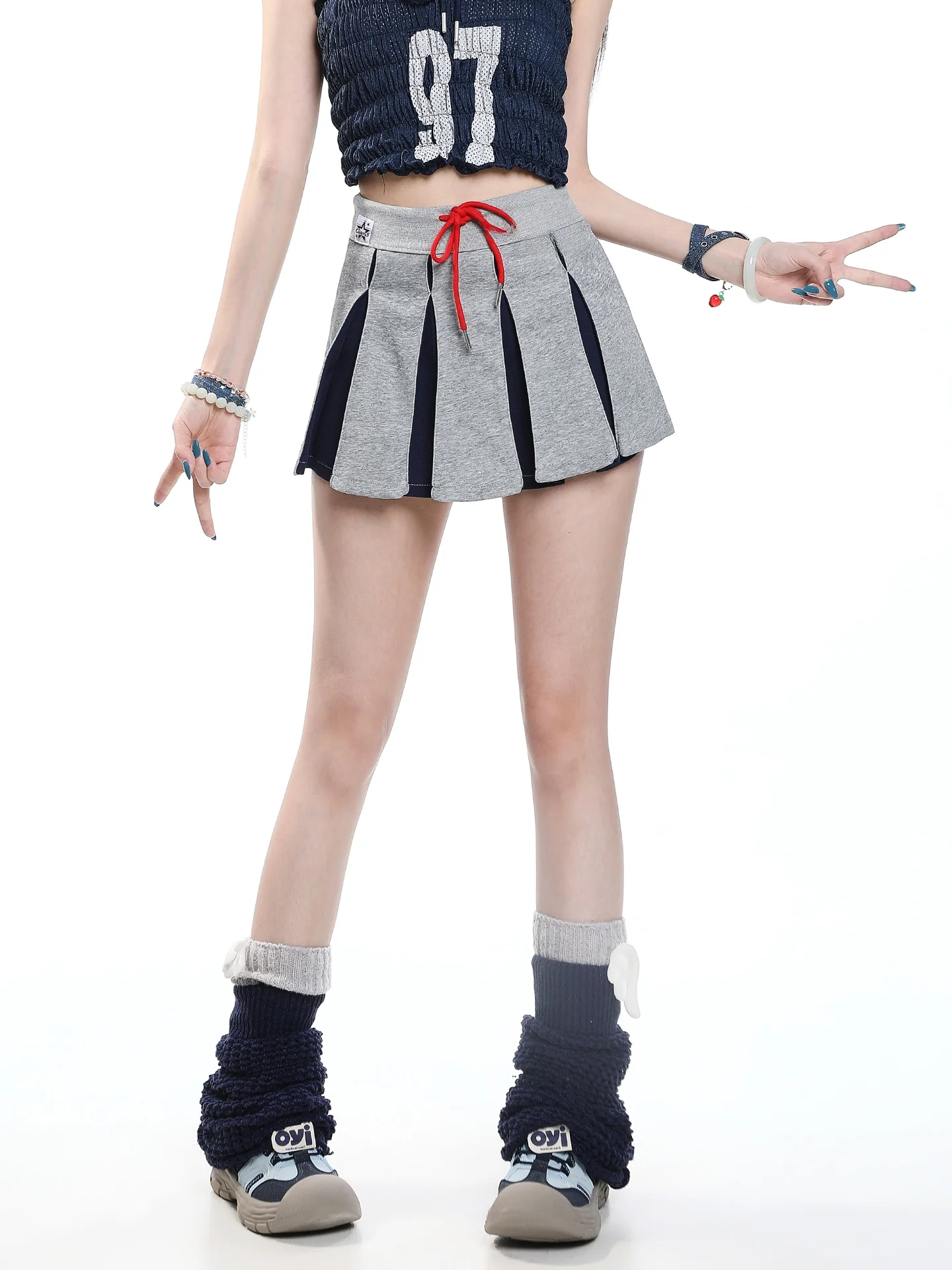 High Waist Pleated  Skirt Women's Summer Color Block A-Line Slimming Sporty Casual College Style Patchwork Skirt