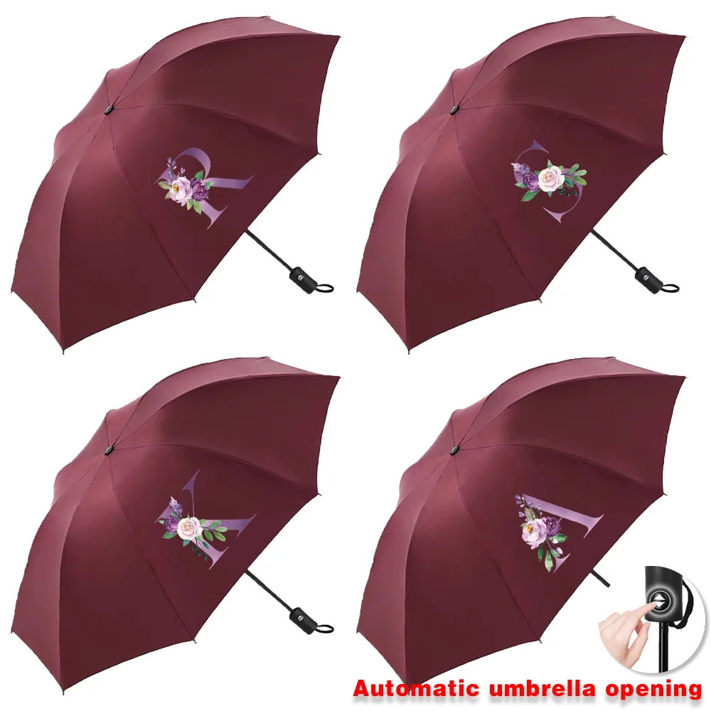 UV Fully Automatic Sun Rain Umbrellas Collapsible Protection Windproof Compact Daily Travel Essentials Purple Print