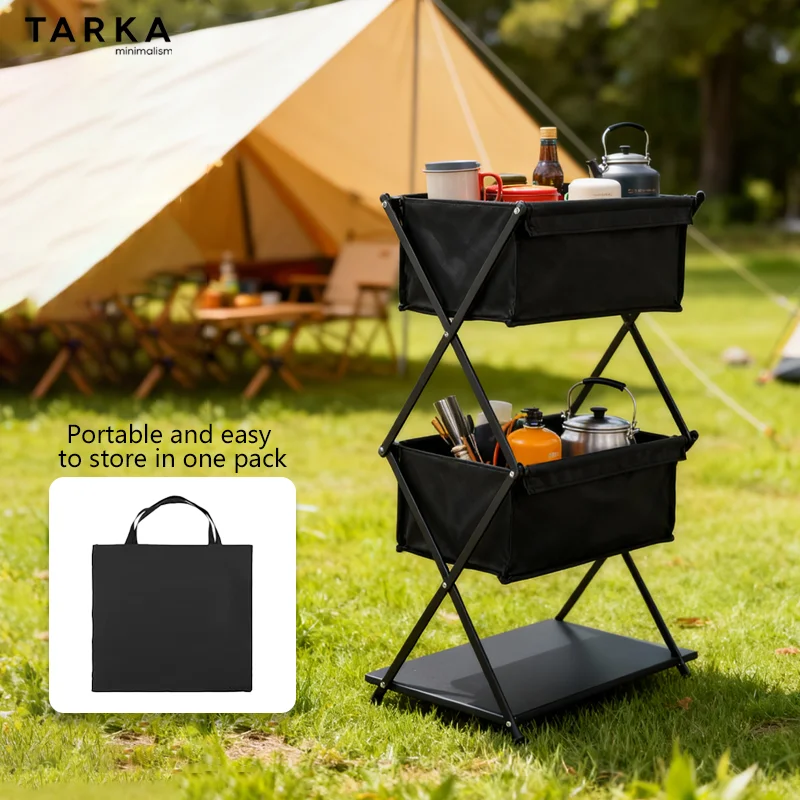 TARKA Camping Shelf 3 Layers Folding Rack BBQ Picnic Dinnerware Storage Rack Outdoor Travel Car Portable Foldable Shelf