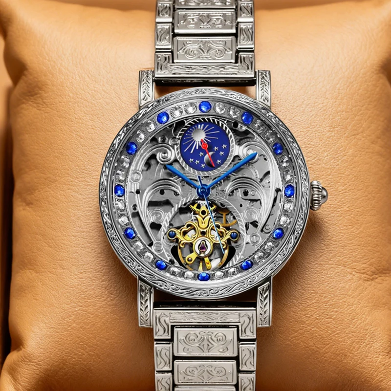 

Мужские серебряные механические часы с автоматическим турбийоном в винтажном стиле и нежной гравировкой «Солнце и Луна»