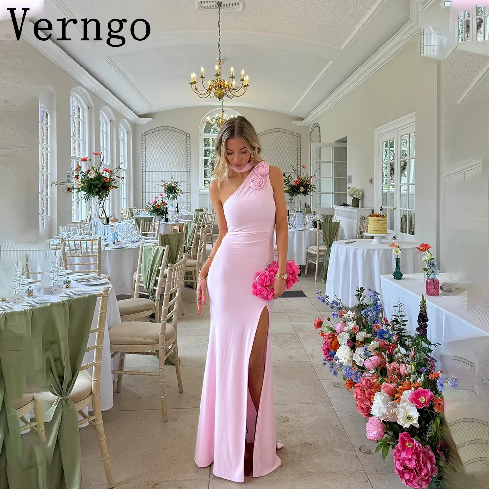 

Verngo Pink Crepe Prom Gown Halter Mermaid Party Dress For Women Sexy Side Slit Formal Occasion Dress 3D Flower Prom Dress