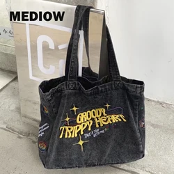 MEDIOW Hip-Hop Denim Tote Bags For Women Luxury Designer Handbags And Purses 2023 New In Embroidery Letters Medium Cloth Bag