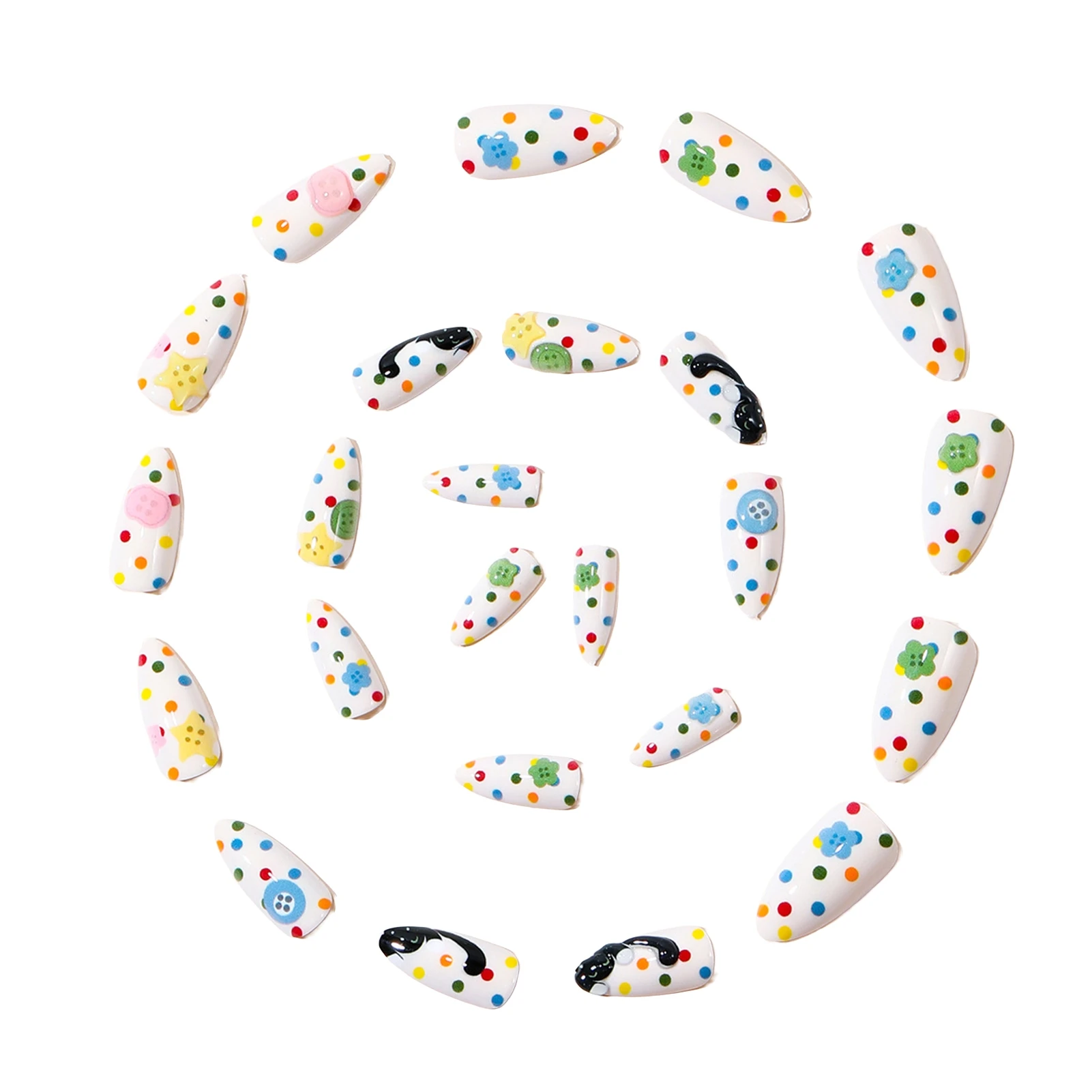 24 Stück bunte Polka-Dot-Kunstnägel, niedliche Cartoon-Motive mit schwarzer Katze, Stern, Blume, Knopf-Dekor, Aufklebenägel, weiße Mandelform, koreanische Kunstnägel – Detail 6