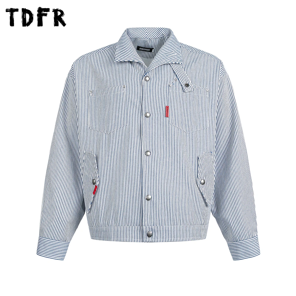 

Vertical Stripes Cargo Jacket Mens Retro Casual Autumn Pocket Lapel Single Breasted Long Sleeve Jacket Man Outerwear