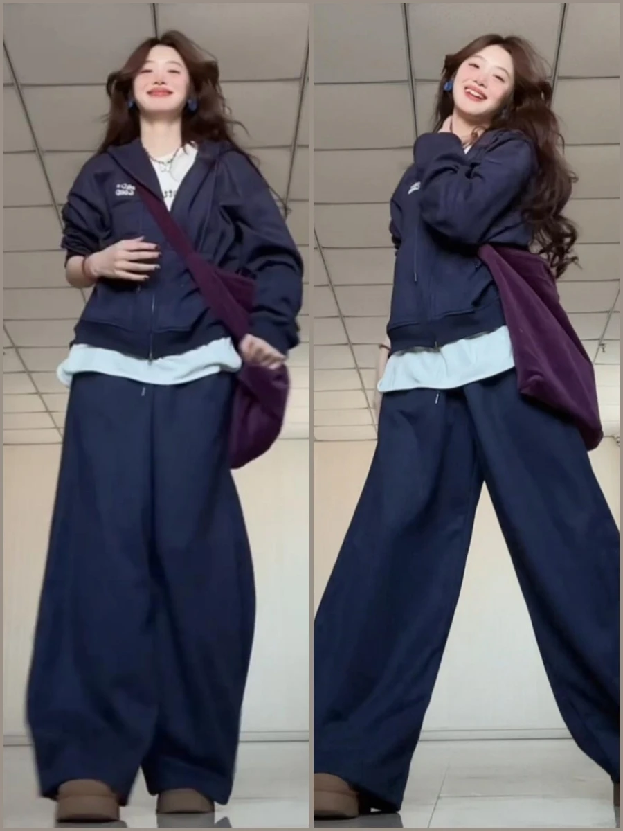 

Tibetan Blue Women's Sportswear Set Korean Style Lazy Student Hooded Hoodie Sweatpants Loose Casual Two-Piece Spring Outfit