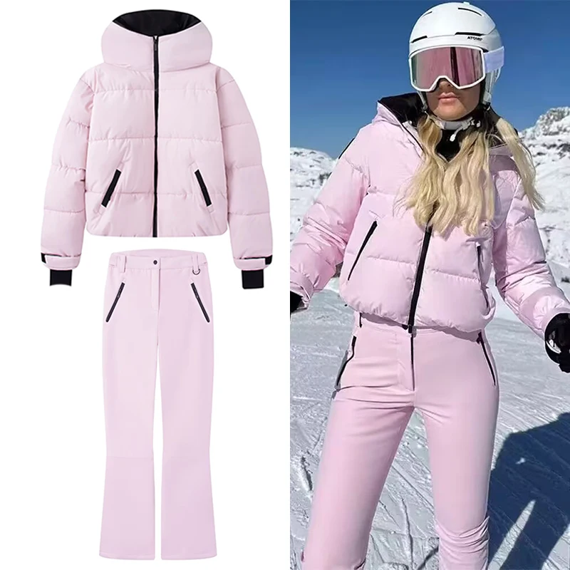 

Утепленные женские лыжные костюмы, пальто с капюшоном и длинными рукавами, прямые брюки на молнии, новинка 2026, весенне-зимний женский комплект из 2 предметов