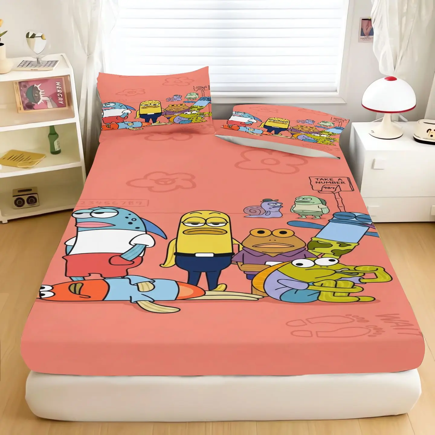 Cartoon SpongeBob Bed Sheet Set, Pink Fitted Sheet With Pillowcase, Anime Character Bedding Set, Mattress Cover For Bedroom