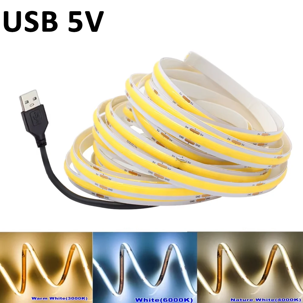 5V USB COB LED Strip Light Warm White Natural White Cold White Flexible Light Belt 2pin 8mm for Bedroom Living Room Home Decor
