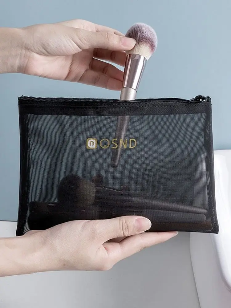 Borsa cosmetica a rete nera con cerniera borsa da viaggio per trucco da toilette portatile da viaggio con cerniera