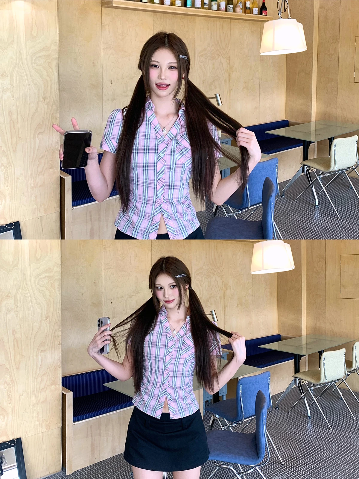 

Розовая клетчатая женская рубашка FHEER с коротким рукавом, дышащая, из хлопка, повседневная, летняя, модная.