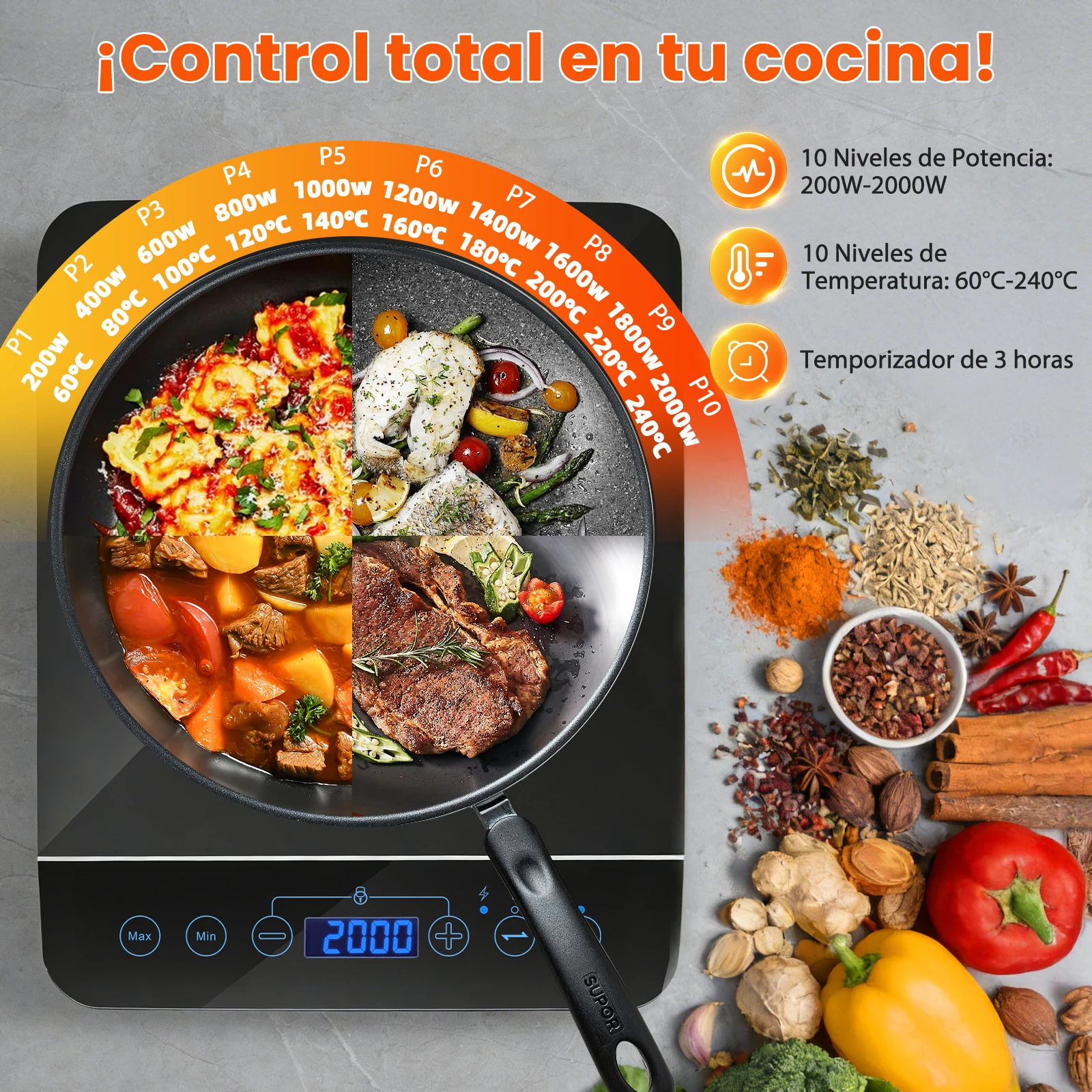 Placa de inducción portátil | 10 niveles, control táctil LED, 2000 W 🔥